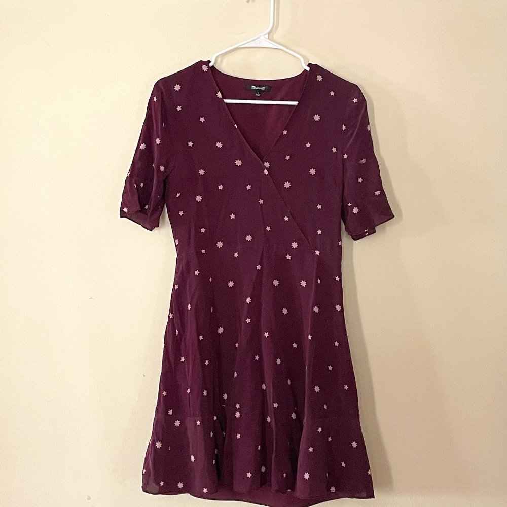 Madewell Burgundy Red Star Print Ruffle Hem Dress